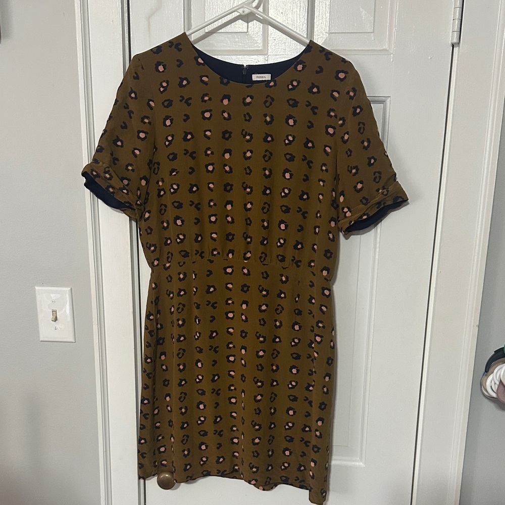 Fossil brown pink spotted silk mini dress size medium